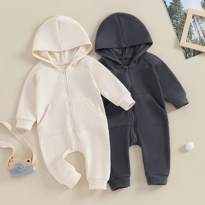 2023-10-04 Lioraitiin 0-18M Newborn Baby Boy Infant Romper Boho Long Sleeve Hooded Jumpsuit Outfits Solid Color Warm Sweatshirts