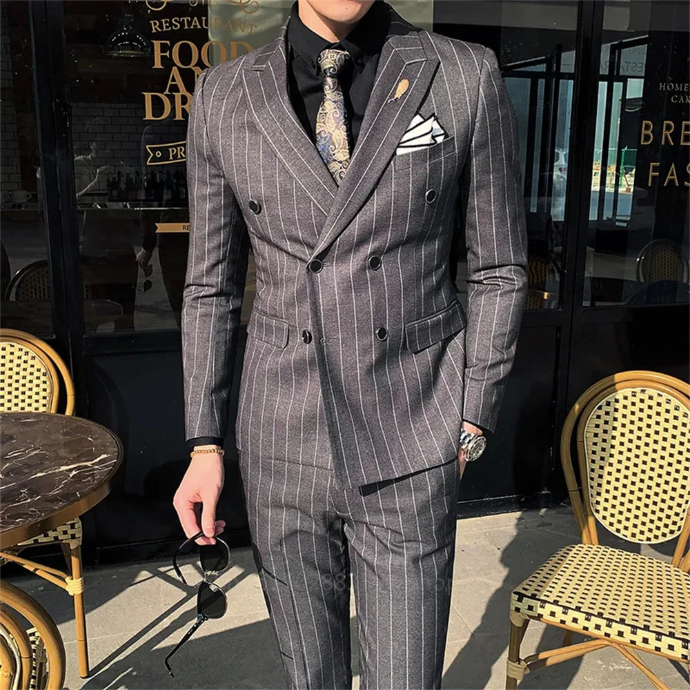 2024 Men's Slim Fit Vertical Stripe Double-Breasted Suit Set for Weddings Gray stripe