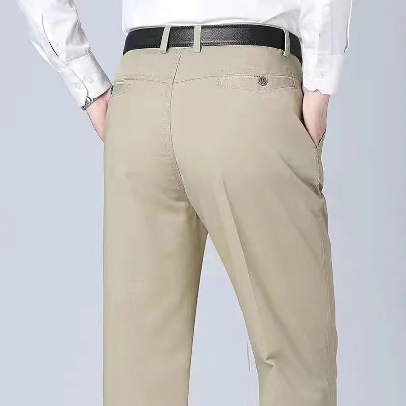 Summer Thin Pants Men's 100% Cotton Autumn Thick Trousers Fashion Brand Cargo Pants Smart Casual Solid Khaki Gray Suit Pant Yellow-Thin