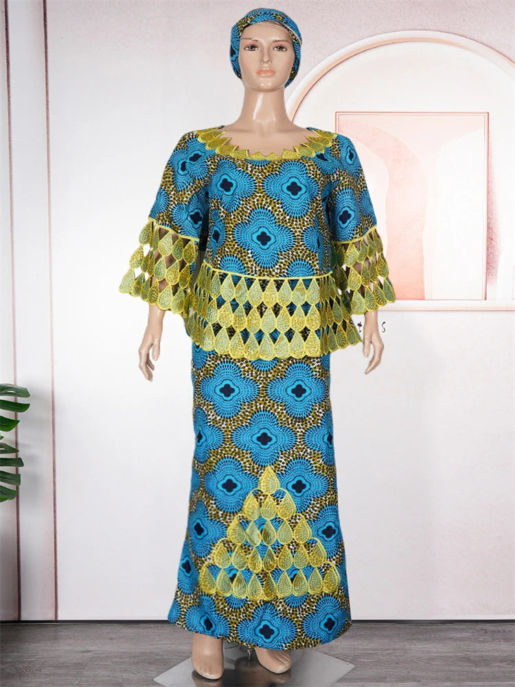 3XL 4XL Women Plus Size Clothing African Dashiki Print Wax Dress Wedding Party Traditional Gown Tops Skirt Two Piece Set Outfits Color 10