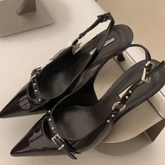 2024 Black Pointy Kitten Heel Sandals with Buckle - JAYHW Summer Collection