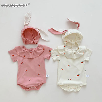 New In Summer Infant Newborn Girls Short Sleeve Cherry Print Outfits Jumpsuits Kids Baby Cotton Clothing Bodysuits Gift Hat