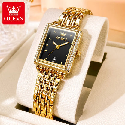 OLEVS 9995 Women's Luxury Diamond Wristwatch | Elegant Stainless Steel Square Watch with Waterproof and Luminous Features black