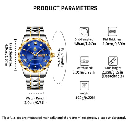 Yalalusi Luxury Men’s Quartz Watch – Waterproof, Date & Week Display, Luminous Stainless Steel Sports Wristwatch with Gift Box