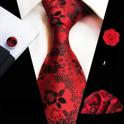 Floral Pink Silk Tie Set for Men – Wedding & Party Neck Tie with Handkerchief, Brooch, and Cufflinks TZ-MF17