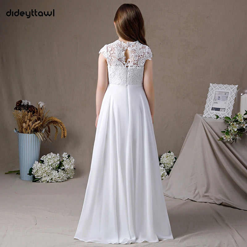 Dideyttawl Lace Chiffon First Communion Gown | A-Line High Neck Junior Bridesmaid Dress with Cap Sleeves