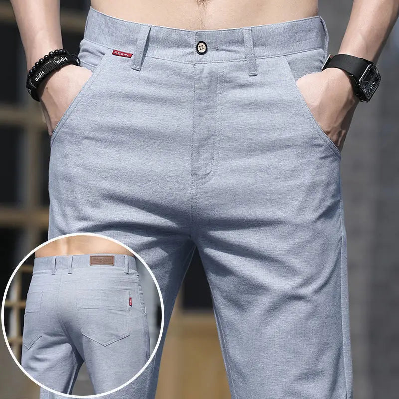 Spring Summer Men Thin Linen Straight Pants Streetwear Fashion New Business Casual Pockets Slim Big Size Male Versatile Trousers 118 Sky Blue Linen