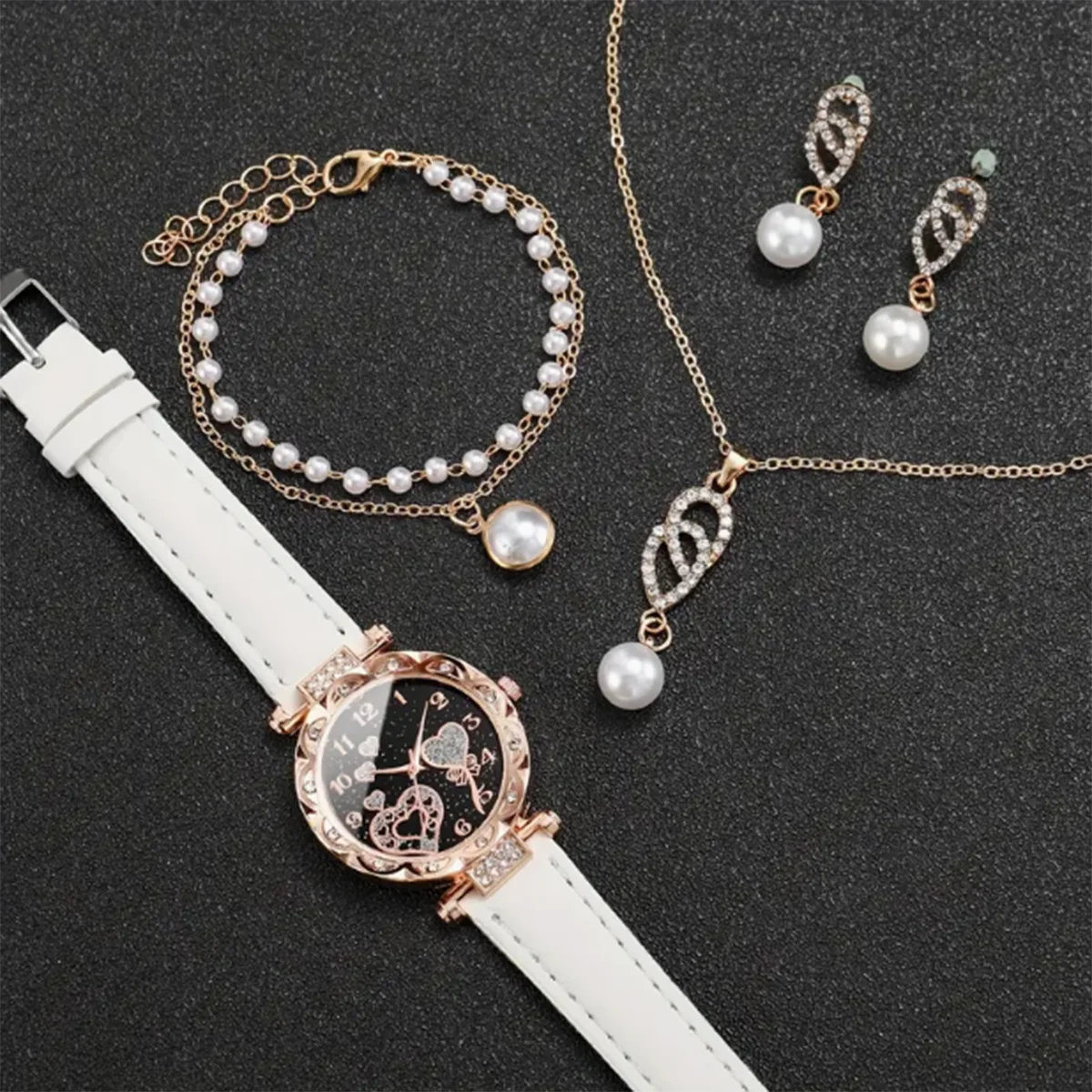 4-Piece Women's Shiny Rhinestone Quartz Watch & Faux Pearl Jewelry Set | Elegant Gift for Mom or Her