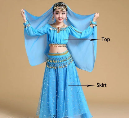 Girls' Indian Belly Dance Costume Set | Bollywood Sari Outfit for Children Blue 2pcs