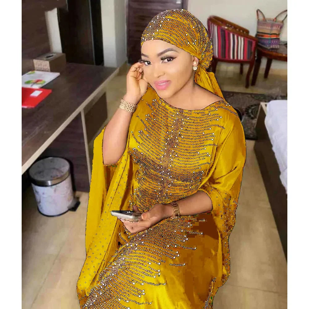 African Dresses for Women Muslim Fashion Abayas Boubou Dashiki Traditional Africa Clothes Ankara Outfit Evening Gown and Headtie Yellow One Size