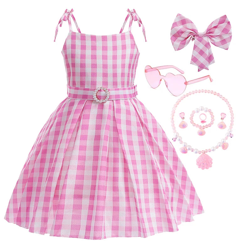 Kidswant Pink Plaid Sleeveless Princess Sundress | Summer Casual A-Line Dress for Girls | Children's Party & Casual Wear | 1-12Y Pink Sets 02