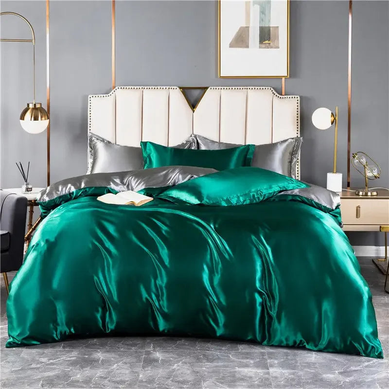 100% Mulberry Silk Bed Set Queen King Duvet Cover Fitted Sheet Pillowcase Luxury Sets green silver Fitted Bed Sheet King size 4pcs