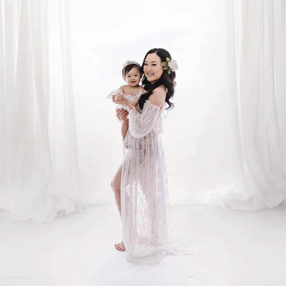 Maternity Off Shoulder Lace Maxi Dress White Long Gown for Pregnancy Photoshoot