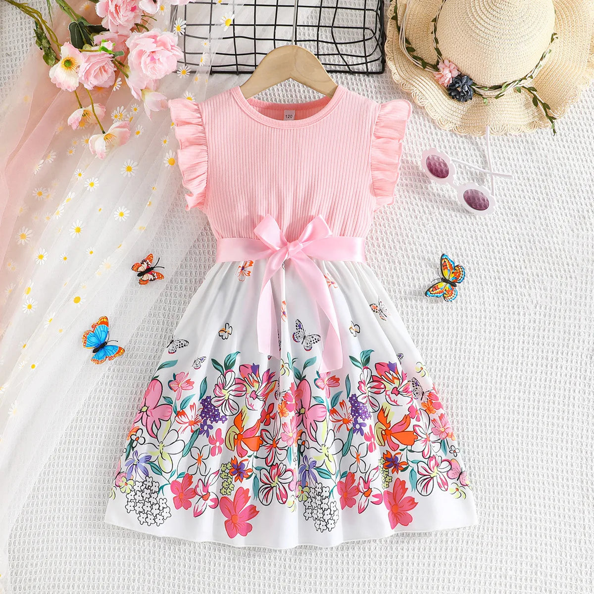 Summer Girls Floral Patchwork Dress | Fashionable Kids Ruffle Sleeveless Princess Dress with Belt Style 01