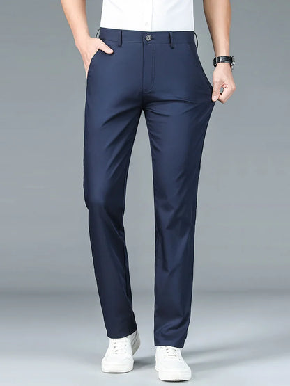 High Quality Luxury Straight Business Suit Pants Men Bamboo Fiber Designer Spring Summer Elegant Casual Long Formal Trouser Male Navy blue