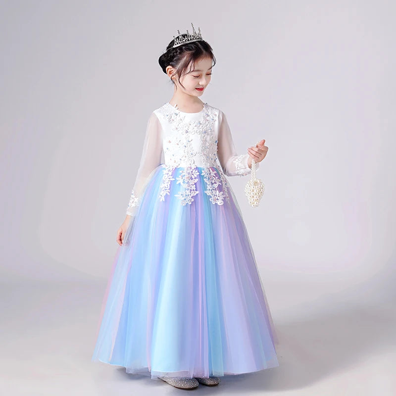 Kids' Floral Wedding Party Dress | Princess Flower Gown with Mesh Sleeves SKY BLUE