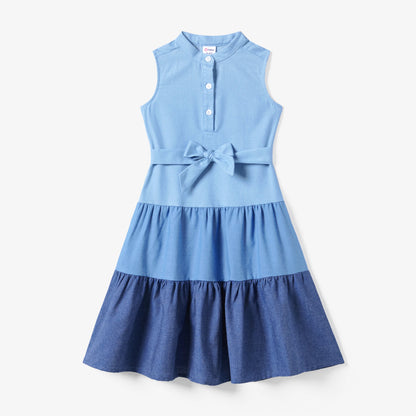 PatPat Family Matching Colorblock Shirt and Tiered A-line Pleated Dress Sets DENIMBLUE