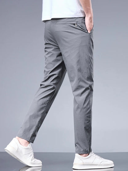 Summer New Business Ice Silk Pants Straight Elastic Waist Black Gray Trousers Breathable Simple Male Clothing Casual Suit Pants