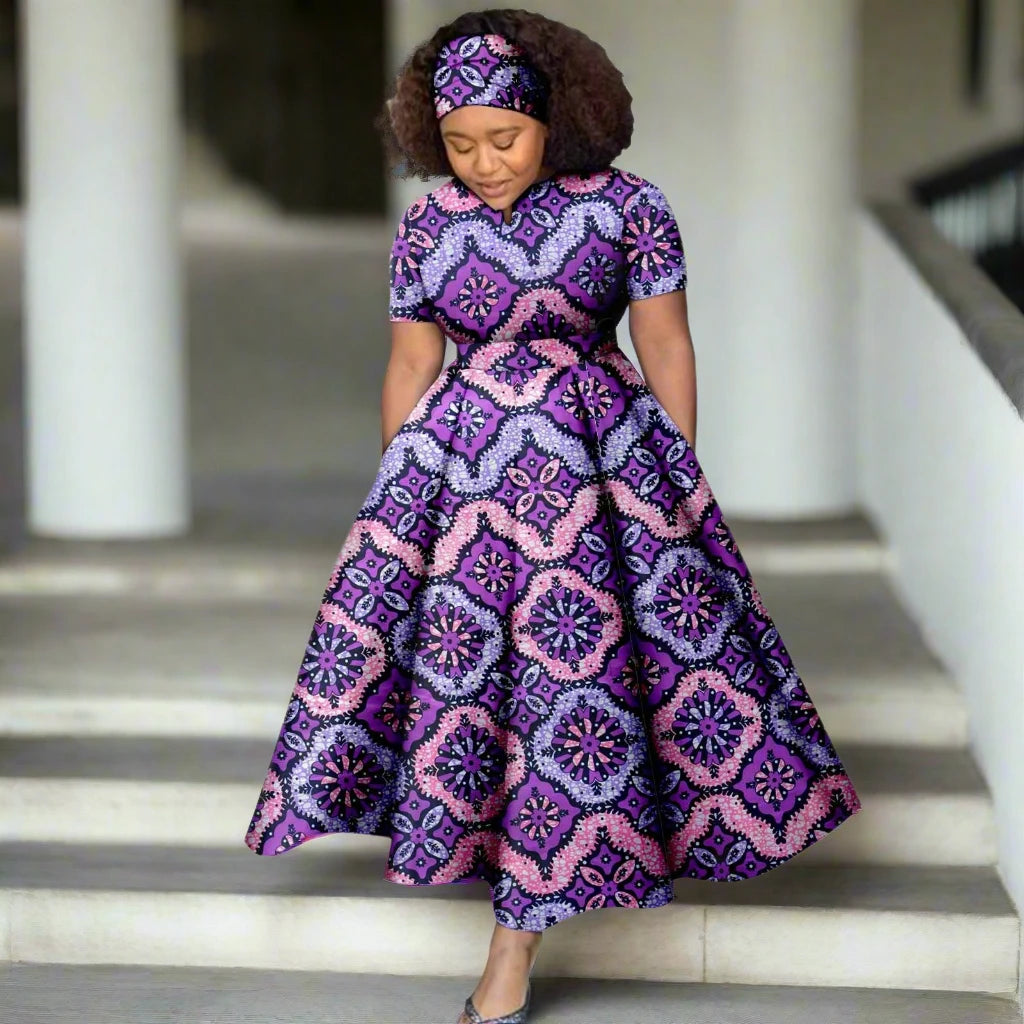 African Women Dress Dashiki Ankara Elegant Ladies Short Sleeves Dress Party Evening Prom with Headscarf Evening Dress Y2225024