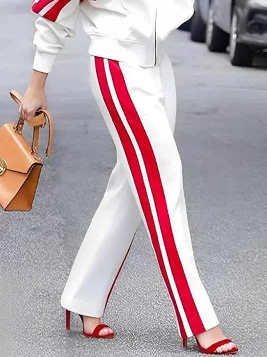 Uoozee Women's Straight Leg Pants 2024 New Spring Fashion Contrast Color Striped Printed Elastic Waist Casual Trousers Bottoms