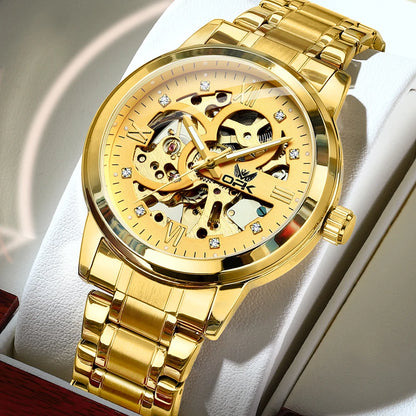 OPK Brand Original Luxury Men's Watches Stainless Steel Strap Mechanical Watch Waterproof Luminous Butterfly Button Hollow Out all gold United States