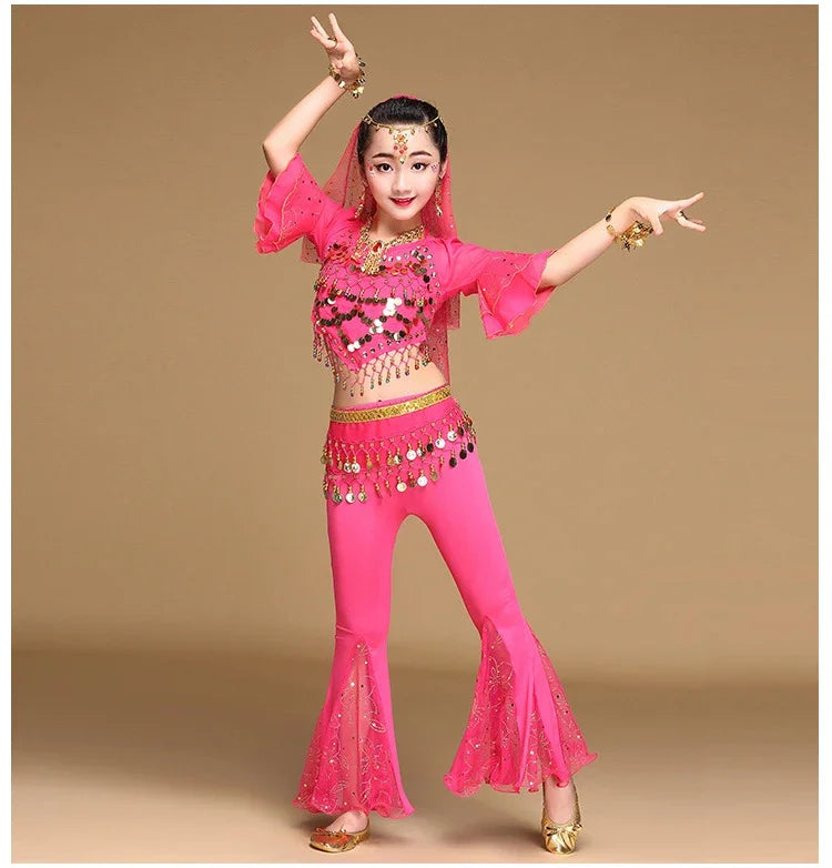 Girls' Oriental Indian Belly Dance Costume | Flared Trousers & Top Set for Performances