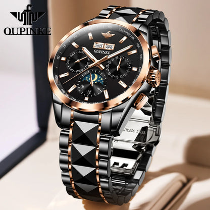 OUPINKE Luxury Automatic Watch for Men - High-quality Waterproof Mechanical Wristwatch Rose Gold-Black