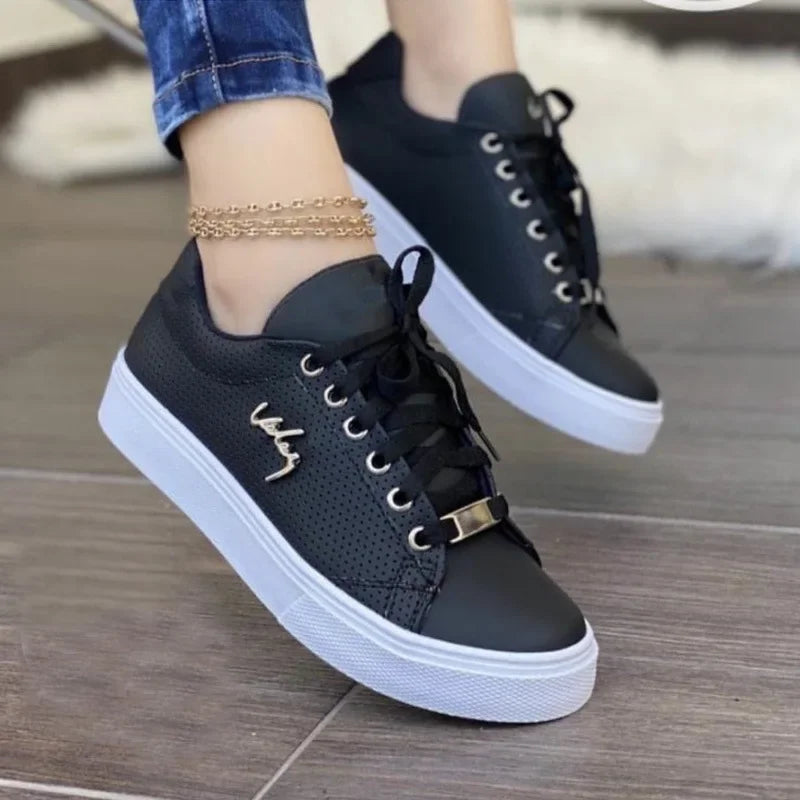 Vulcanized Women's Casual Sneakers | 2024 Fashion Lace-Up Flats | Plus Size 43 Outdoor Walking Shoes | Zapatillas Mujer black