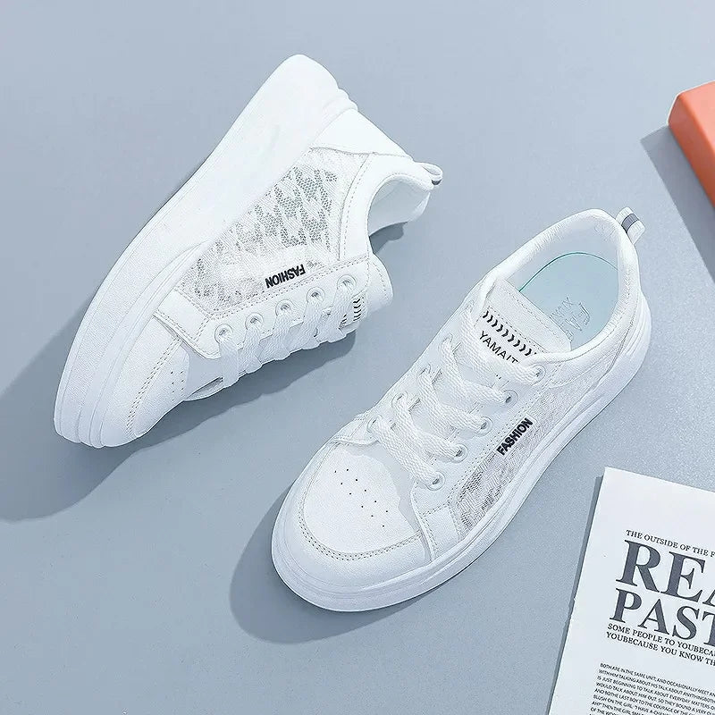 Women's Summer 2023 Fashion Casual White Sneakers | Breathable Mesh Platform Flats with Lace Detail