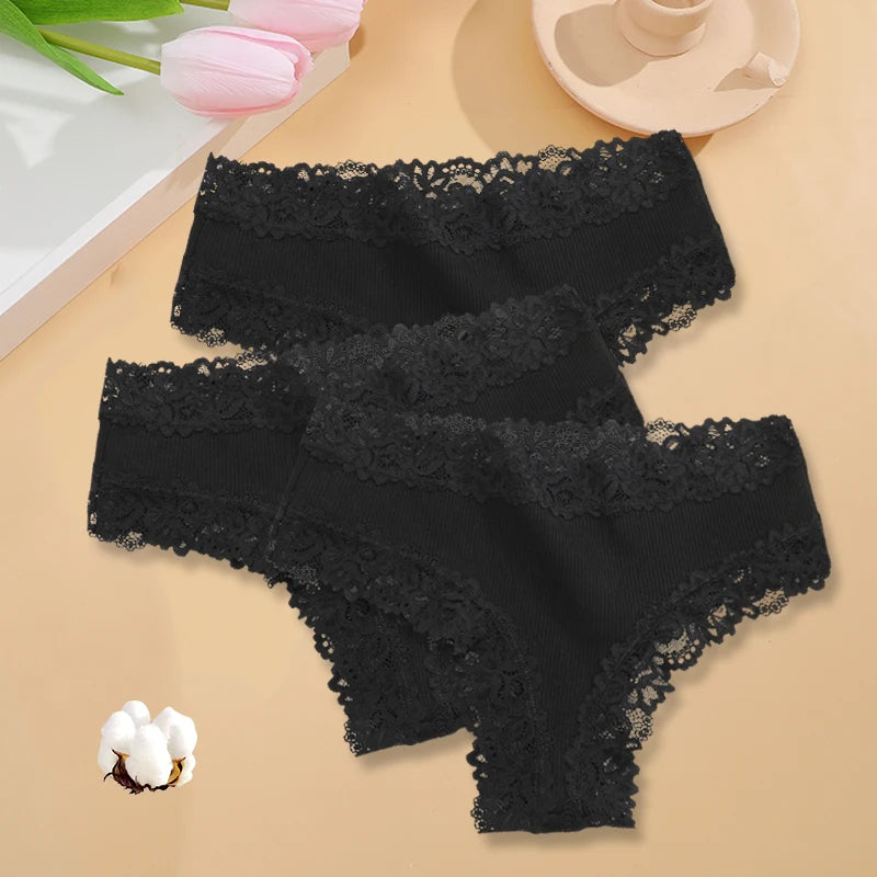 3PCS/Set Women Cotton Seamless Panties Sexy Lace Brazilian Panties Low Rise Soft Breathable Lingerie for Female G-String Briefs Set 1 3pcs