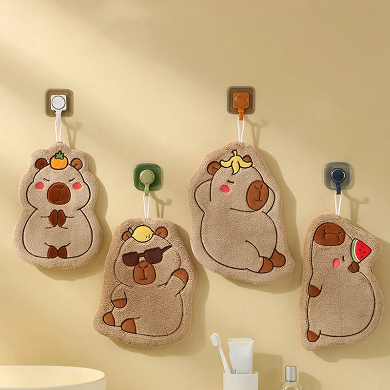 Cute Capybara Cartoon Hand Towel – Quick-Drying Coral Fleece Hanging Towel for Kitchen & Bathroom, Soft Face Washcloth