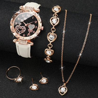 5-Piece Rhinestone Heart Women’s Watch & Jewelry Set - Leather Band Quartz Watch white 5pcs set