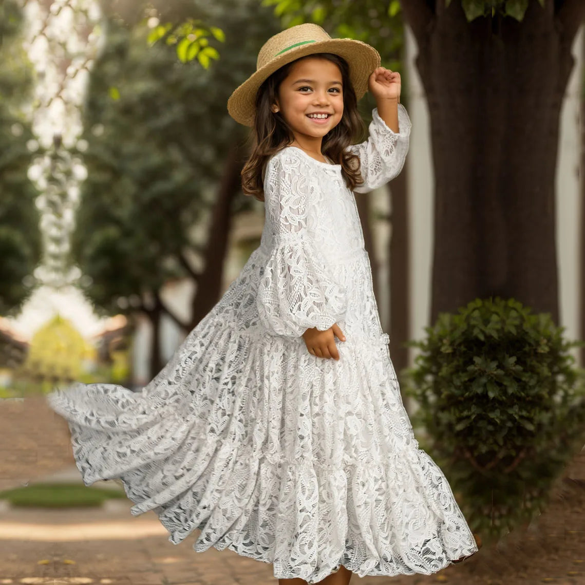 Girls Bohemian Lace Long Sleeve Dress | Elegant Pink & White Princess Party Dress for Kids (Ages 3-12)