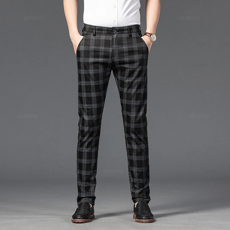 Brand Men's Stripe Plaid Casual Pants Men Four Seasons High Quality Business Trousers Men's Slim Dark gray Straight Pant Black