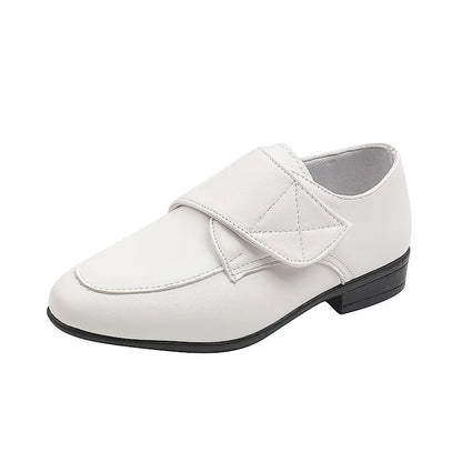 Kids Pointed Toe Leather Shoes - Hook & Loop Loafers for Boys - Wedding Party & Casual Wear white