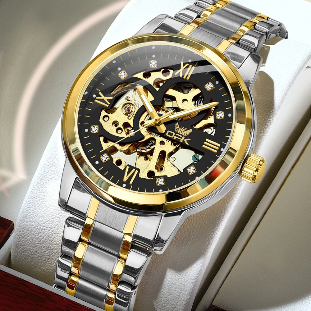 OPK Brand Original Luxury Men's Watches Stainless Steel Strap Mechanical Watch Waterproof Luminous Butterfly Button Hollow Out gold black United States