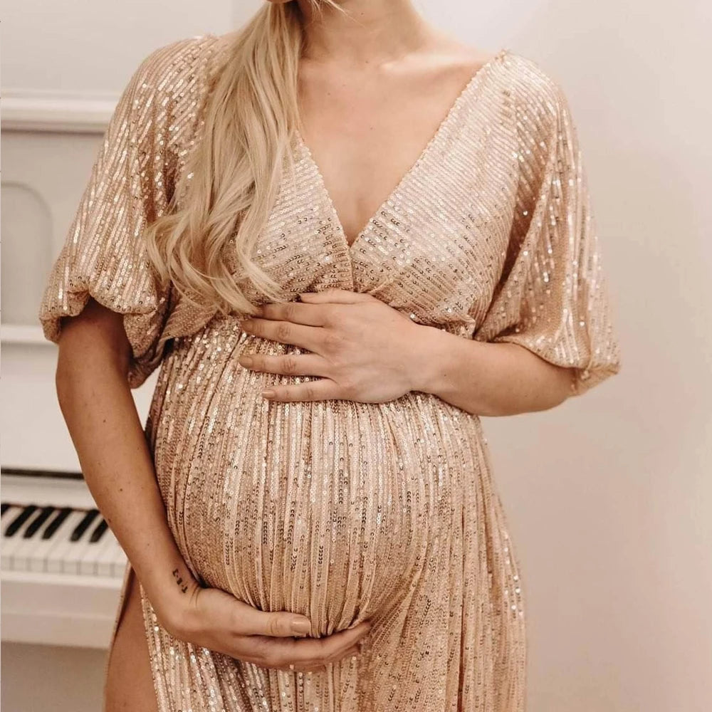 Elegant Vintage Sequin V-neck Dress for Maternity Photography Props