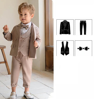 Children's Luxurious Khaki Photography Suit | Boys Formal Ceremony Costume for Birthdays, Weddings, and Performances JACKET VEST PANTS