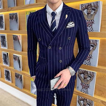 2024 Men's Slim Fit Vertical Stripe Double-Breasted Suit Set for Weddings Navy stripe