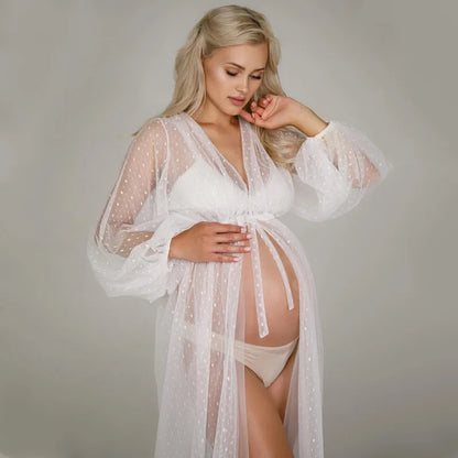 White Dot Tulle Maternity Dress See-Through Photo Shoot Long Lantern Sleeve