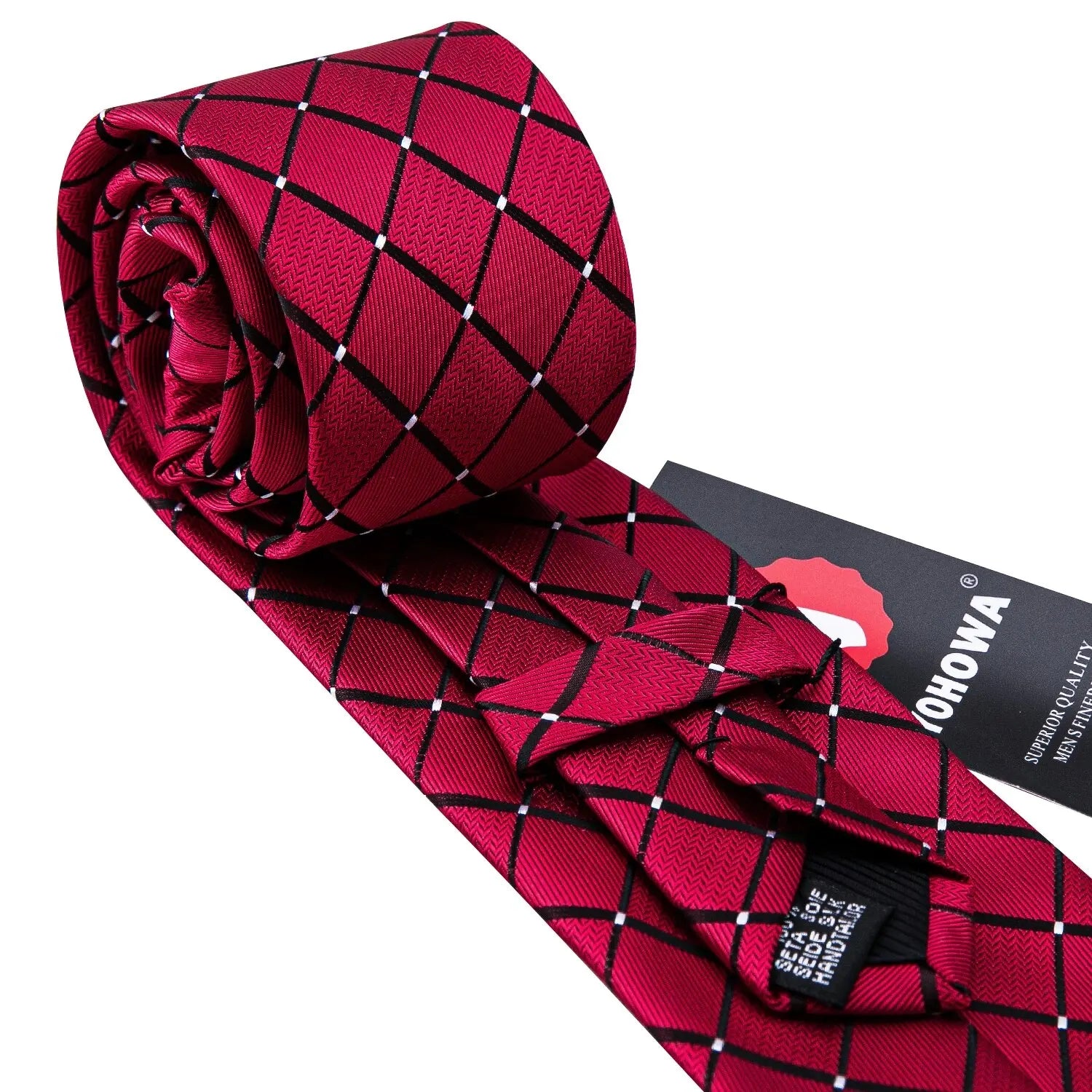 Barry.Wang Men’s Jacquard Plaid Tie Set – Navy, Pink, Black Necktie with Handkerchief & Cufflinks