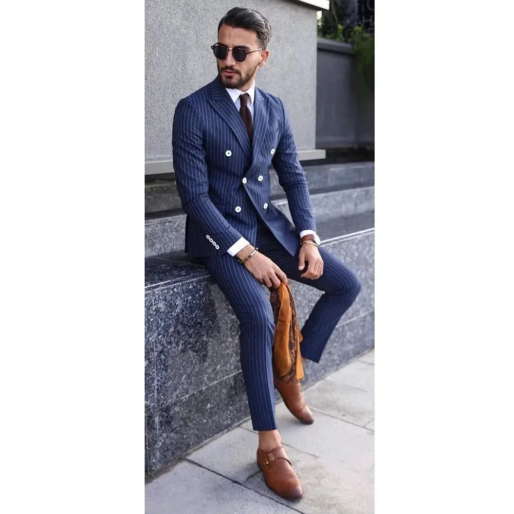 Slim Fit Striped Men's Suit 2-Piece Blazer & Pants for Wedding Groom