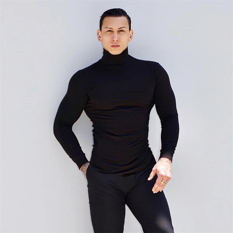 Autumn New Turtleneck T Shirts Men Knitting Shirt Slim Fit Fitness Elastic Clothes Long Sleeve T-Shirt Casual High Neck Tops