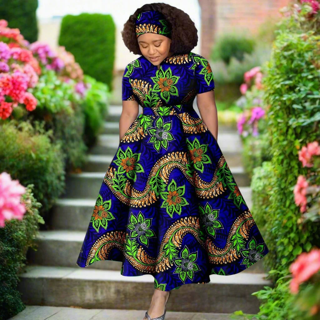 African Women Dress Dashiki Ankara Elegant Ladies Short Sleeves Dress Party Evening Prom with Headscarf Evening Dress Y2225024 620 Free size