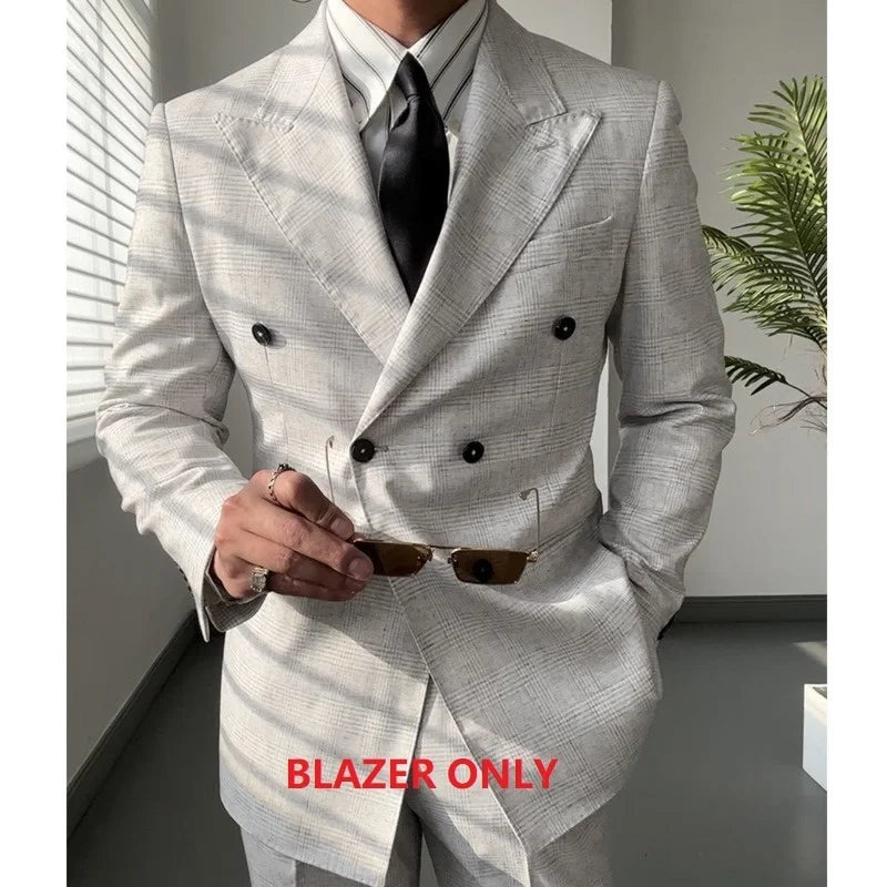 Double Breasted Suit 2 Pieces High Quality for Men Grey Blazer ONLY