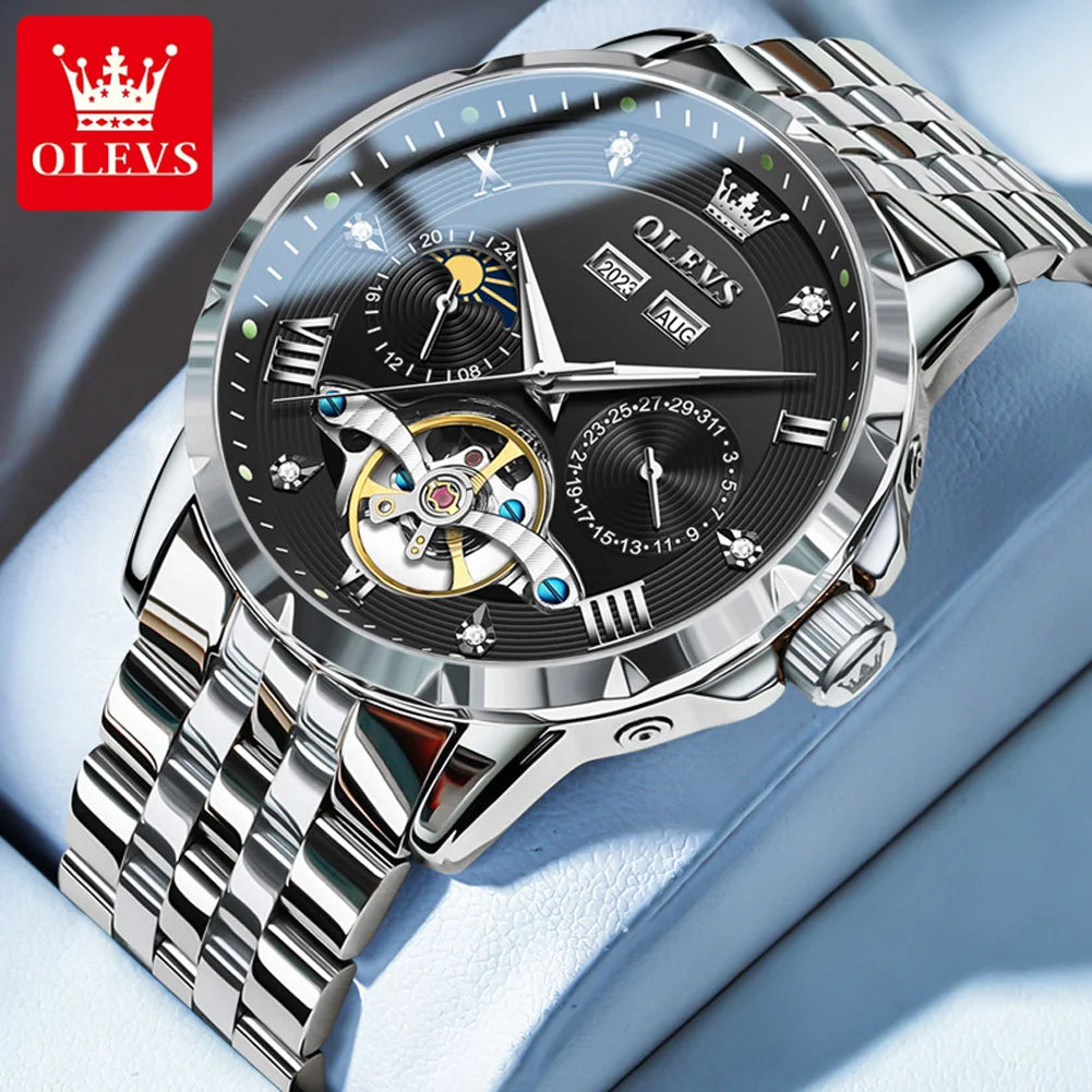 OLEVS 6691 Men's Luxury Automatic Mechanical Watch | Multi-Function Flywheel & Moon Phase | 3Bar Waterproof Silver Black United States