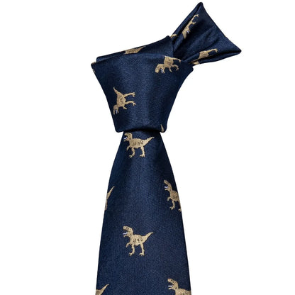 Men's Navy Gold Dinosaur Pattern Necktie Set | 8.5cm Silk Tie for Wedding & Business | Barry.Wang FA-5191