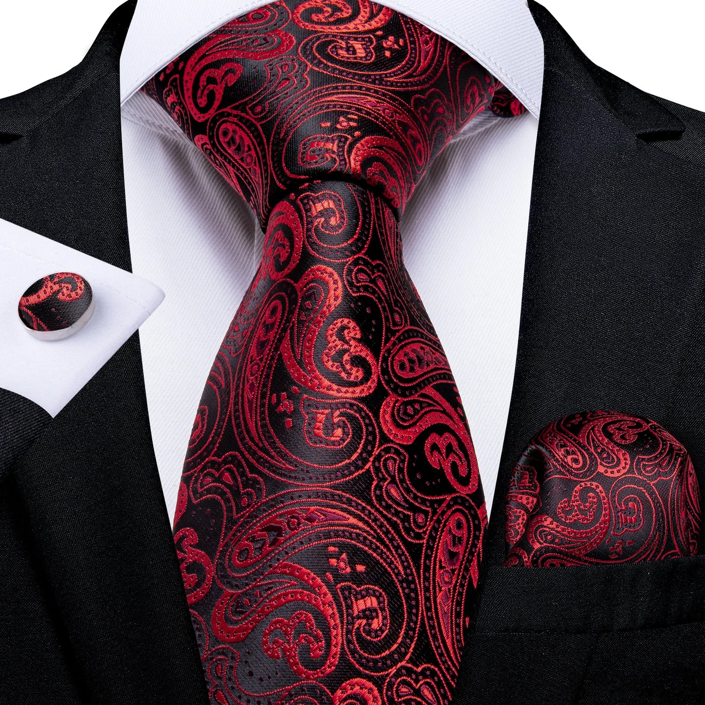 Luxury Red Plaid Silk Tie Set for Men | Business & Wedding Accessories with Handkerchief & Cufflinks | DiBanGu Designer Collection N-0314