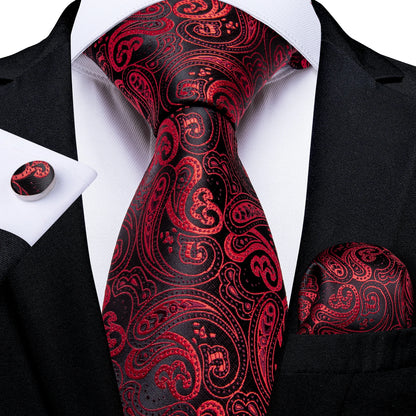 Luxury Red Plaid Silk Tie Set for Men | Business & Wedding Accessories with Handkerchief & Cufflinks | DiBanGu Designer Collection N-0314