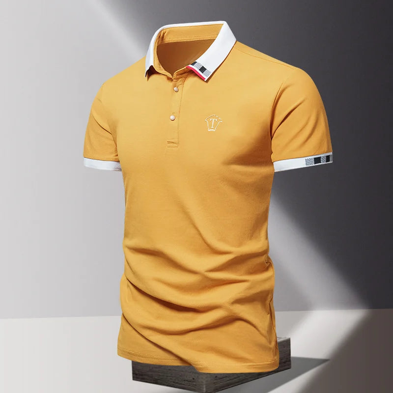 2024 Summer New Men's Pure Cotton Short sleeved T-shirt for Men's High end Casual Lapel Half Sleeved Polo Shirt Men's Top Yellow